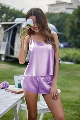Silk Pajamas Set for Women Satin Backless Lingerie Pjs Cami Top and Shorts Nightwear - Love Salve